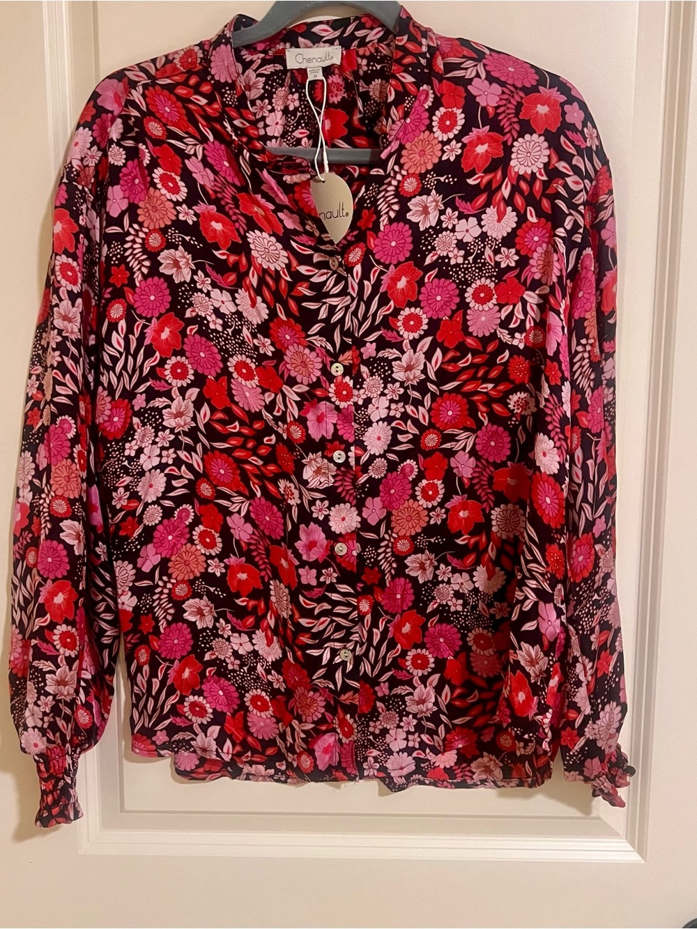 Chenault Black Blouse with Pink & Red Floral Print